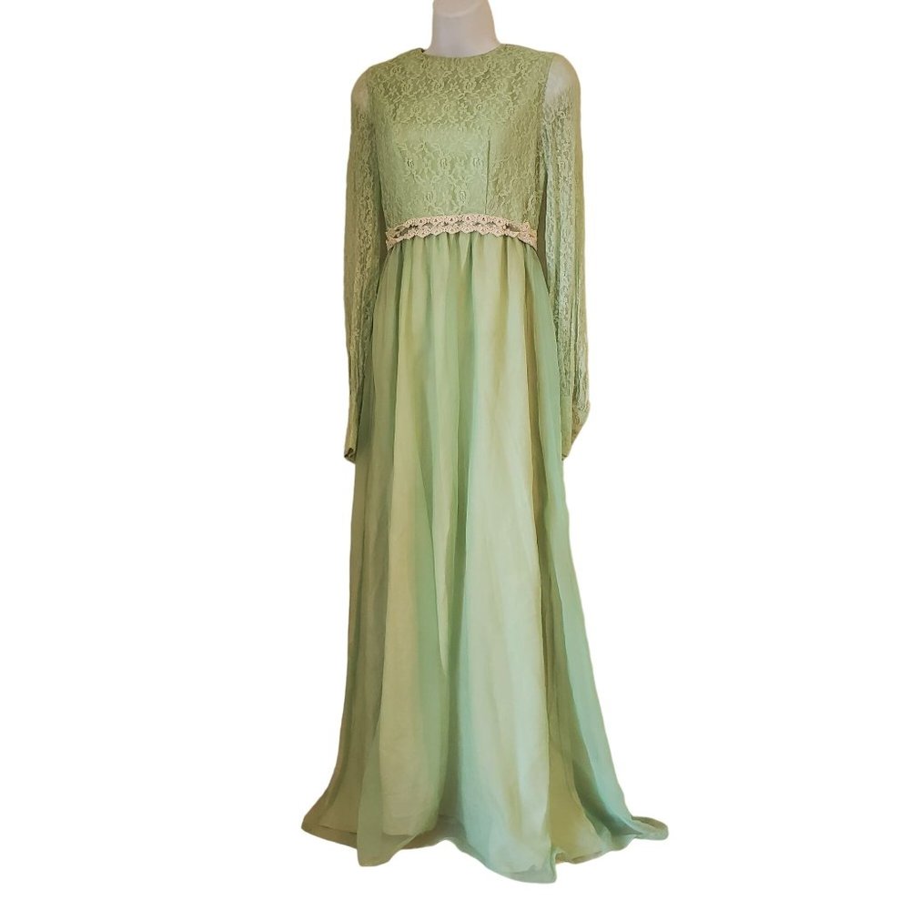 Vintage Green‎ Lace Maxi Dress Cottagecore Regency Fairy Victorian Edwardian